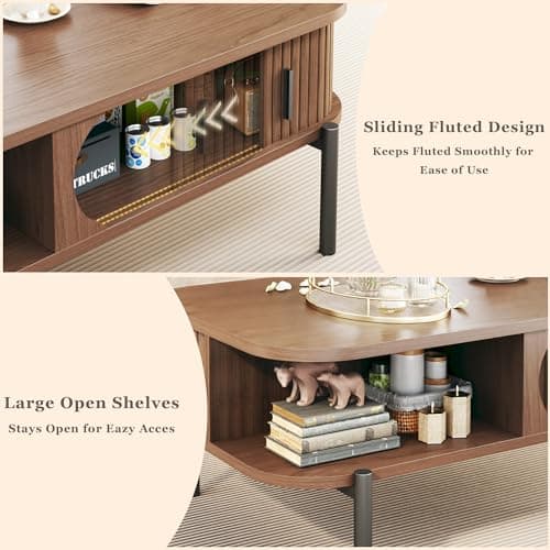 Coffee Table, 39.4" Mid Century Modern Coffee Tables for Living Room, Coffee Table with Storage Open Shelf, Fluted Table with Sliding Cabinet Door, 2-Tier Rustic Wood Desktop, Walnut - Thumbnail 6