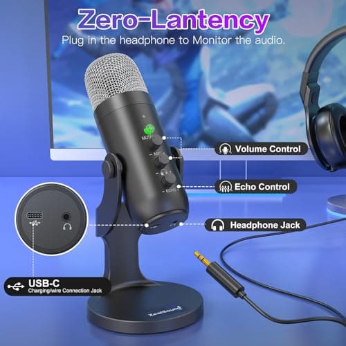 ZealSound Wireless Microphone,USB Mic for iPhone PC iPad Android Phone-Cordless Condenser Desktop Microphones with Mute Echo Monitor Volume Gain 2.4GHz for Podcast,ASMR,Gaming,YouTube Video/K66 Black - Thumbnail 5