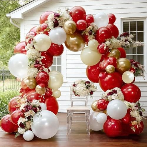 Red White Gold Balloon Garland Double Stuffed Burgundy Red White Sand Pearl Balloon Arch Kit Maroon Wine Balloons for Mother's Day Birthday Bridal Shower Wedding Graduation Party Decorations - Thumbnail 2