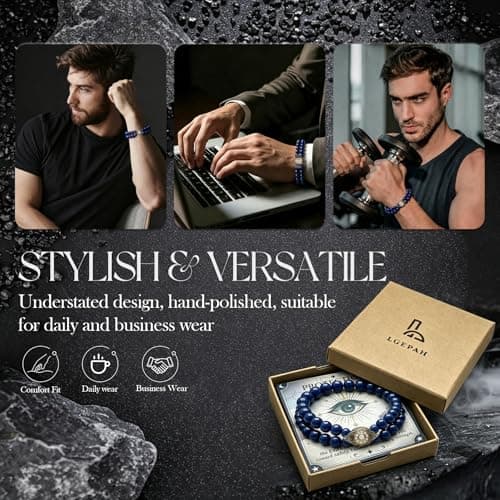 Evil Eye Bracelets for Men, 8MM Black Obsidian Lapis Lazuli Tiger Eye Stretch Beaded Protection Bracelet Guardian Jewelry Gifts with Meaning Card Meaningful Gift for Him (Birthday/Graduation/New Job) - Thumbnail 4