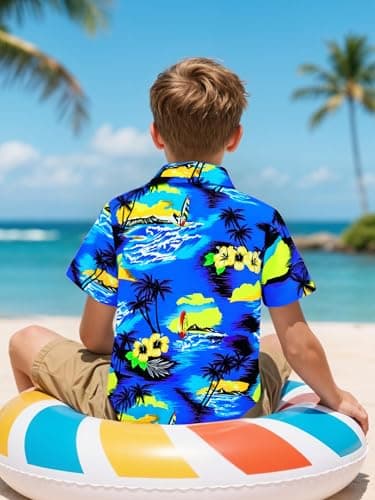 tagyum Boys Hawaiian Shirt 11Y 12Y Short Sleeve Boys Button Down Shirt Beach Casual Summer Print Top T-Shirt for Kids Light Blue - Thumbnail 6