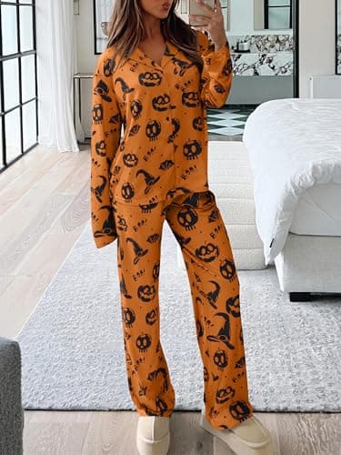 REORIA Funny Halloween Pajamas Women Button Up 2 Piece Pajama Set Sleepwear Orange Pumpkin Large - Thumbnail 3