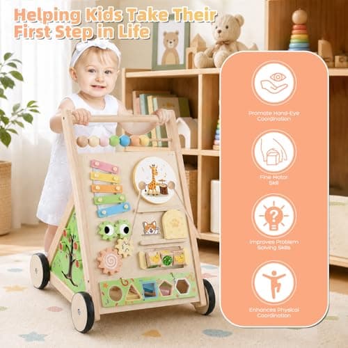 Wooden Baby Walker with Wheels Baby Push Walker for Boys Girls 6-12 Months Wooden Walker Activity Center Walking Toys for 1 Year Old Learning to Walk Sit to Stand Walker for Baby 12-18 Months Push Toy - Thumbnail 6