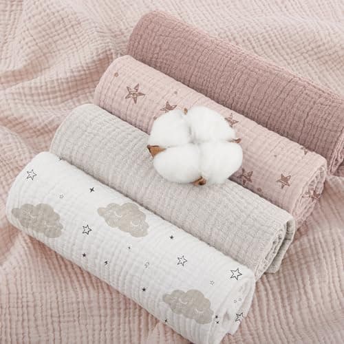 Susurration Muslin Burp Cloths Baby Washcloths 100% Cotton Burp Cloths Baby Girl 5 Pack, Absorbent and Soft Cloth Diapers 23.6 * 23.6 inch, Baby Girl Newborn Essentials-Pink Star - Thumbnail 4