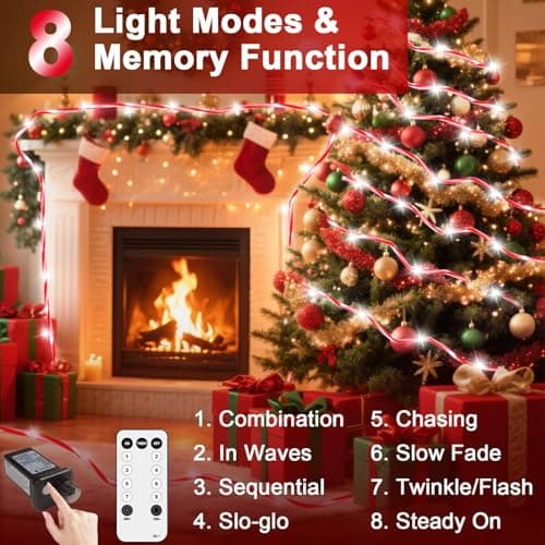 HELESIN 101FT 620LED Candy Canes Rope Lights with 8 Lighting Modes, Candy Cane Christmas Lights Waterproof Christmas Lights Decoration for Party Garden Yard Halloween Holiday Tree Decoration - Thumbnail 3
