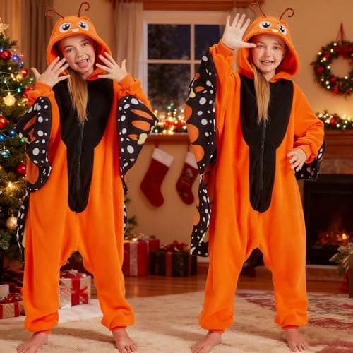 CWDGAGANB Kids Orange Monarch Butterfly Onesie Pajamas Butterflies Costume Halloween Costumes Cosplay Sleepwear for Girls Boys 120cm - Thumbnail 6