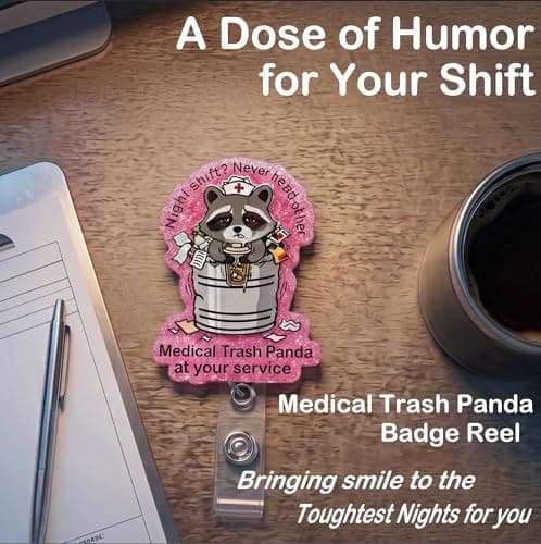 Retractable Badge Reel with Alligator Clip, Heavy Duty, Cute Funny ID Name Tag Holder for Nurses, Doctors, Teachers, and Office (Pink-Medical Trash Panda) - Thumbnail 2