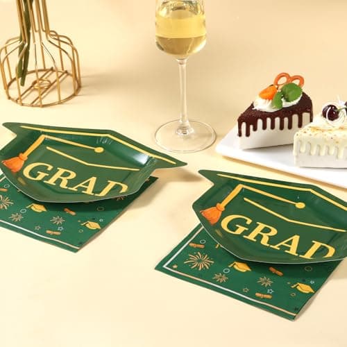 Cheery Land Green Graduation Plates and Napkins 2026, 50 9.3" Mortarboard Shaped Class of 2026 Plates & 50 Grad Napkins - Green and Gold Graduation Decorations 2026 - Thumbnail 4