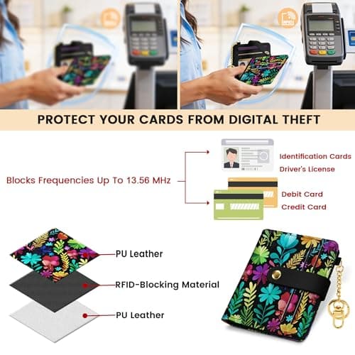 Sodsay Small Slim Wallet Women RFID Blocking, PU Leather Bifold Ladies Wallet with Zipper Coin Pocket, Thin Cute Travel Card Wallets for Girls, Black Garden - Thumbnail 3