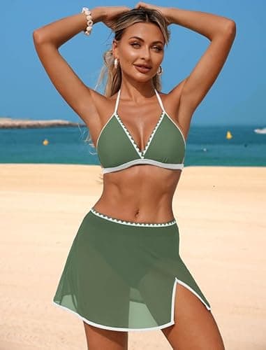 ZAFUL Womens Bikini Set Swimsuits with Mesh Skirt - Two Piece Swimsuit Tummy Control Bathing Suits 2025 Swimwear Army Green L - Thumbnail 4
