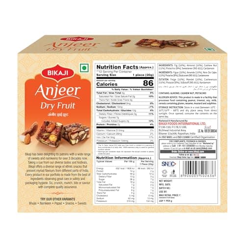 Bikaji Anjeer Dry Fruit Burfi 8.81oz (250g), Indian Fig & Nut Sweet, Premium Dry Fruit Dessert (mithai) with Figs, Almonds & Pistachios (Pista), Ready-to-Eat Dessert & Festive Gift - Thumbnail 2