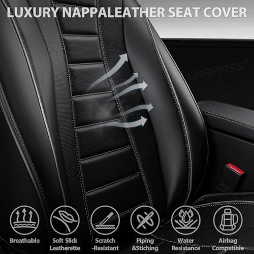 CAR PASS Nappa Leather Seat Covers 2, Waterproof Universal FIT Piping Leather Car seat Covers Front Seats, 3D Foam Front Seat Cover for Cars,SUV,Trucks Airbag Compatible Luxury&Comfort&Durable Black - Thumbnail 4