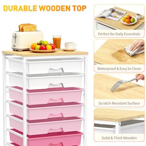 SUNALLY Rolling Storage Utility Cart With 8 Drawers, Storage Drawer Cart with Wooden Tabletop and 2 Lockable Wheels, 8 Tier Rolling Cart for Craft Art Supply Storage & Home Office Organization, Pink - Thumbnail 4