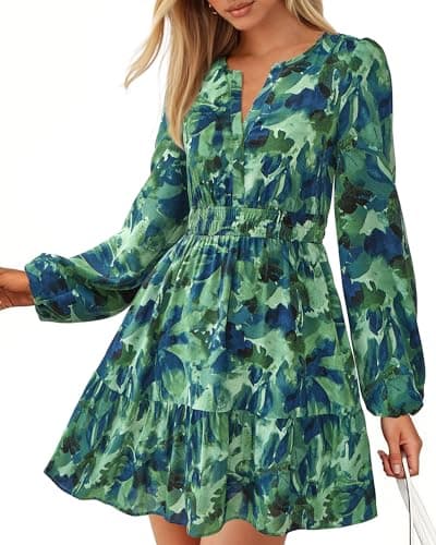BTFBM Spring Dresses for Women 2026 Mini Long Sleeve Elastic Waist Summer Vacation Outfits Floral Wedding Guest Dress(Flower Green, XX-Large) - Image 1