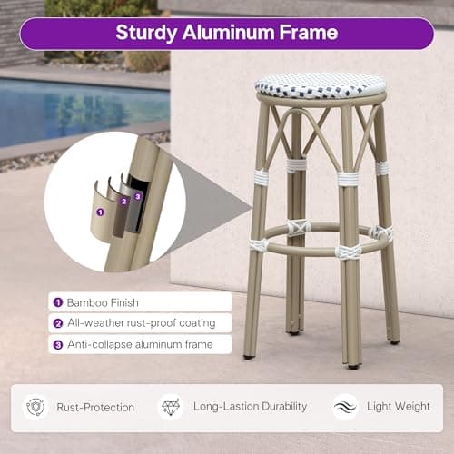 PURPLE LEAF Outdoor Bar Stool Rattan 2-Pack Champagne Finish White & Blue - Thumbnail 5