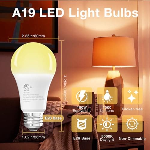 dalattin 4 Pack LED Bulbs Soft Warm 2700K, 100 Watt Equivalent A19 Standard Bulbs, E26 Base, 1500 LM, Efficient 15W Energy Saving, Non-Dimmable, 80+ CRI, 120V, UL Listed, for Living Room, Office - Thumbnail 2