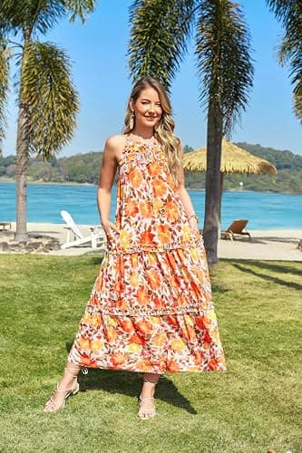 GRACE KARIN 2026 Women's Floral Halter Maxi Dress Boho Summer Beach Sundress with Tiered Ruffle Skirt Orange Medium Large Flowers M - Thumbnail 2