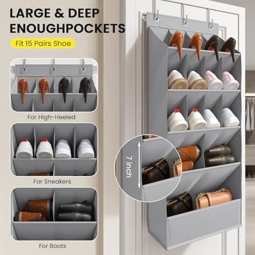 Mefirt Over the Door Shoe Rack for Closet Fit 18+ Pairs, Door Shoe Organizer with Large Breathable Pockets, Hanging Shoes Rack Fit Boots, Behind the Door Shoe Holder for Categorized Storage, Grey ﻿ - Thumbnail 4