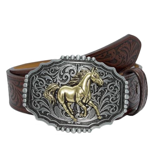 EONTISO Western Belt for Women Cowgirl Cowboy PU Leather Belts for Jeans, Floral Embossed Vintage Buckle, HorseBrown L - Image 1