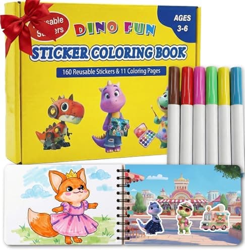 Dino Fun Reusable Sticker & Coloring Book for Kids | 2-in-1 Set with 160+ Stickers, 6 Markers & 11 Themes | Educational Travel Toy Gift for Ages 4-8