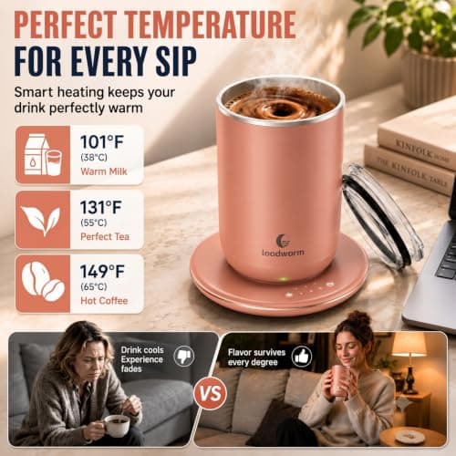Self Heated Stirring Coffee Mug, 10oz Auto Mixing Cup with Warmer, Rose - Thumbnail 3