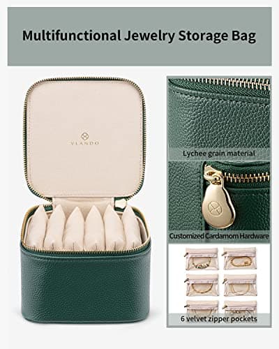 VLANDO Jewelry Travel Case,Travel Jewelry Organizer with Clear Velvet Jewelry Bags 6Pcs Zipper Pouch for Women Girl Christmas Wedding Gift-Green - Thumbnail 4