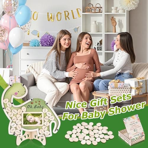 HANDSOME MONKEY KING Dinosaur Baby Shower Guest Book Alternatives, Baby Shower Decorations with Photo Frame and Wooden Dinosaur Egg Slices, Guest Sign in GuestBook for Gender Reveal Decorations - Thumbnail 4