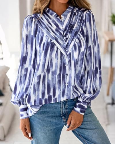 BTFBM Womens Tops Dressy Casual Spring 2026 Boho Floral V Neck Long Sleeve Half Button Down Shirt Work Business Blouses(Striped White Blue, Small) - Thumbnail 2