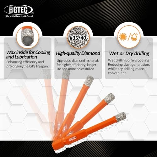 BGTEC Dry Diamond Drill Bits Set-4pcs 1/4" Tile Drill Bit with Quick Change Hex Shank and 1pc 1/4" Carbide Drill for Granite Marble Porcelain Ceramic - Thumbnail 2