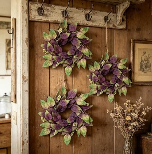 2 Pcs 16" Purple Hibiscus & Eucalyptus Leaf Wreath - Artificial Greenery Candle Ring Wreath for Front Door, Porch, Window, Farmhouse & Home Holiday Decor - All Season Wreath - Thumbnail 3