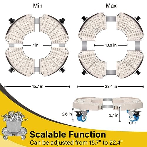 Goovilla Plant Stand with Wheels Heavy Duty, 1Pack Adjustable 15-22 Plant Caddy with Lockable Caster Wheels 440LBS, Rolling Plant Stand/Dolly/Roller for Indoor Outdoor Large Planter, Flower Pot,Beige - Thumbnail 3