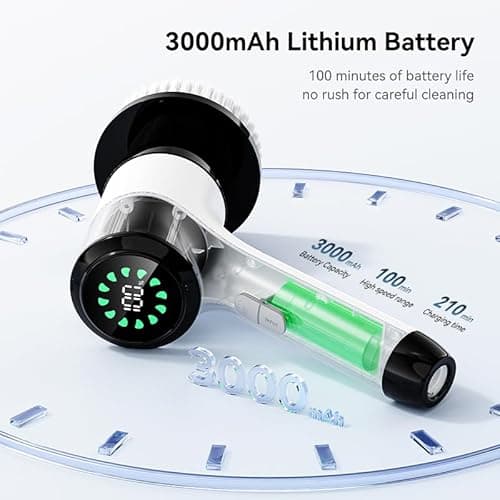 Electric Spin Scrubber, Cordless Power Cleaning Brush with 8 Replaceable Heads, 2 Adjustable Speeds, LED Display & Long Handle, Ideal for Bathroom Tub Tile Floor Car Cleaning - Thumbnail 6