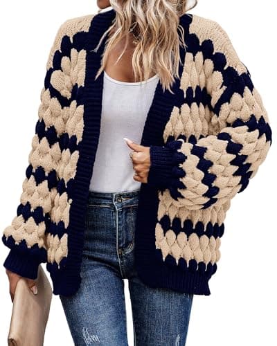 KIRUNDO Womens Fashion Fall Cardigan 2026 Open Front Chunky Cardigan Sweaters Oversized Lantern Sleeve Striped Color Block Cardigans Outwear Winter Clothes(Navy, Small) - Image 1