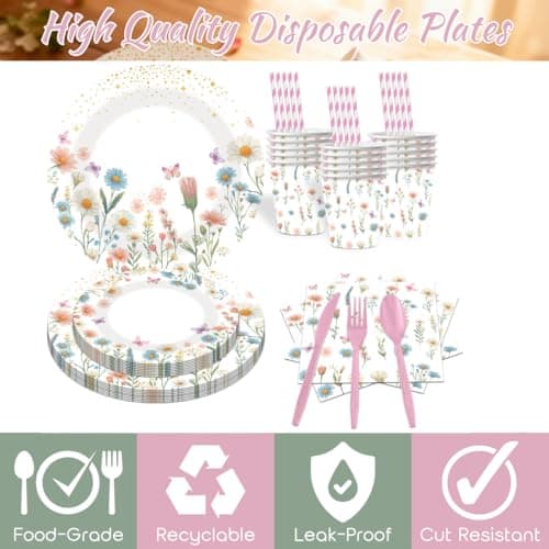 270PCS Wildflower Party Supplies Serve 30, Glazeal Paper Plates and Napkins Set with Plastic Disposable Tableware for Baby Shower, Bridal Shower, Wedding, Birthday, Tea Party Decorations - Thumbnail 4
