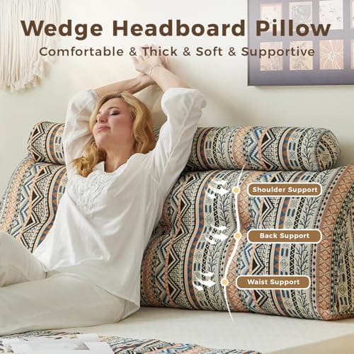 ZERALIVEN Boho Headboard Pillow for Full, Large Triangular Wedge Pillow for Headboard Gap, Daybed for Sitting Up in Bed, Couch or Sofa with Removable Washable Cover and Side Pockets, Amber Elegance - Thumbnail 2