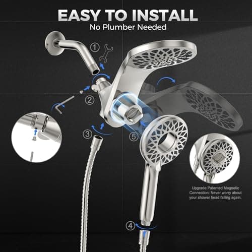 Newfinde High Pressure Rain Shower Head with Handheld Spray Combo: Detachable Dual Shower Head with 10 Sprays Modes - Upgrade Knob Spray Mode Selector and Magnetic Guidance Docking System - Thumbnail 6