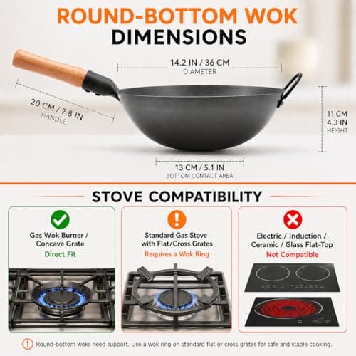 WANGYUANJI 14.2" Carbon Steel Wok Round Bottom (Gas Stove Only Requires Separate Wok Ring for Flat Grates) Heavy Duty Nitriding Iron Stir Fry Pan (Spatula & Brush Included - Lid & Ring NOT Included) - Thumbnail 2