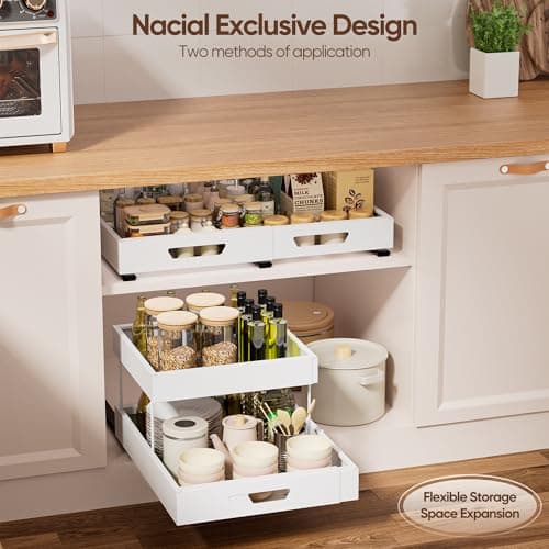 Nacial 2 Tier Pull Out Cabinet Organizer, Expandable(12.3"-20.7" W) Slide Out Cabinet Drawer with Adhesive Nano Film, Adjustable Heavy Duty Roll Out Shelves for Kitchen Pantry Bathroom Storage, White - Thumbnail 4