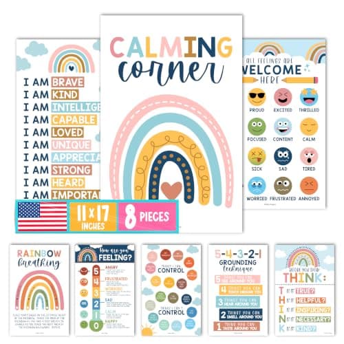 Hadley Designs 8 Calming Corner Posters for Classroom Must Haves - Calm Down Corner Supplies with Emotions Chart, School Counselor Mental Health Poster, Feelings Chart For Kids, Boho Classroom Decor - Image 1