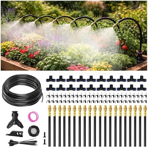 66FT Drip Irrigation System Kit Dual-Zone Garden Atomizing Watering System with 20 Copper 360° Adjustable Bendable Nozzles, Y-Splitter, Leak-Proof 1/4" Misting System for Garden Greenhouse Raised Beds - Image 1