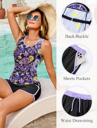 Arolina Bathing Suits for Women Two Piece Racerback Tankini Beach Loose Fit Swimming Swimsuit Boy Shorts Purple Paisley 22W - Thumbnail 5