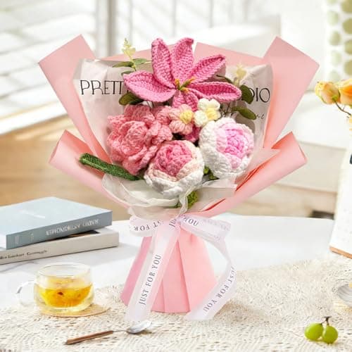 Tikitup Crochet Flowers Bouquet, Handmade Knitted Flowers Pink Crochet Bouquet for Lover Birthday, Mother's Day,Anniversary,Graduation Gifts,Friends Gifts - Thumbnail 4