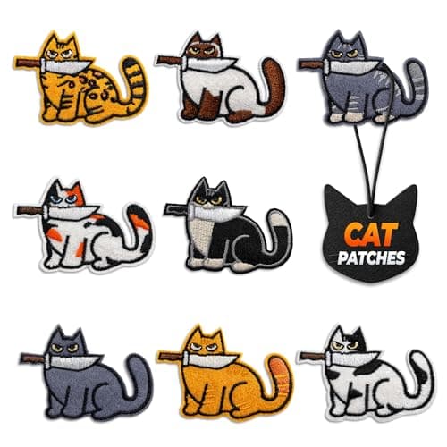 Set of 8 Cat Iron On Patches for Clothes & Sew On – Easy Fix Embroidered Funny Patches for Hats, Jackets, Backpacks, Jeans & Bags – Cute Cat Patch Set, Birthday Gifts for Animal Lovers and DIY Decor - Image 1