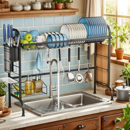 MOUKABAL Dish Drying Rack - Stainless Steel Over The Sink Dish Drying Rack (Expandable Length), Large Dish Rack with Utensil Holder, 32.3" - 33.9"(L) x 11.4"(W) x 23"(H) Black