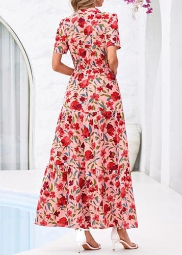 KIRUNDO Womens Floral Boho Flowy Maxi Dress, Pink Red Flower, Large - Thumbnail 3