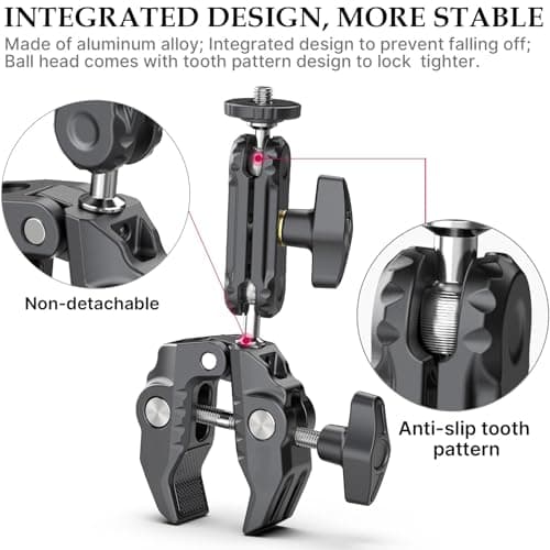 XIAOTJ Super Clamp Camera Mount with Magic Arm Double 360° Ballhead and Phone Tripod Mount/Action Camera Adapter for Phone/GoPro DJI Insta360/Monitor/DSLR/Motorcycle Bike Handlebar Gun Scope Mounts - Thumbnail 4