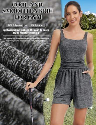 SLIMBELLE Built In Bra Athletic Rompers For Women Summer Square Neck Adjustable Strap Pleated Waist Pockets Short Jumpsuit One Piece Outfits BLACK-WHITE M - Thumbnail 6
