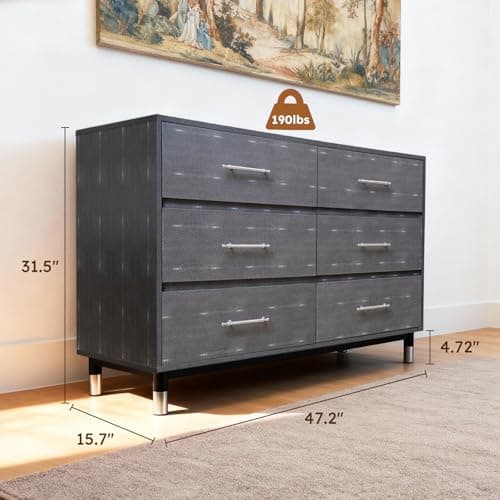 BERRY NEST Grey Dresser for Bedroom, 6 Drawer Wood Dresser with Modern Storage Organizer, Wide Chest of Drawers for Clothes, Closet, Living Room - Thumbnail 2