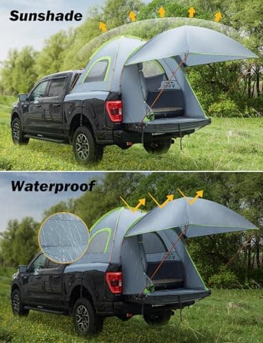 JOYTUTUS Pickup Truck Tent 6.5ft Bed Tent with Removable Awning, Waterproof PU2000mm Double Layer for 2 Person, Portable Truck Bed Tent - Green, Aluminum Pole - Thumbnail 2