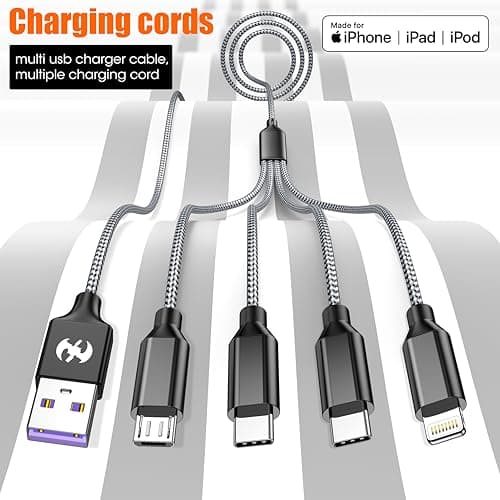 Multi Charging Cable 4ft 2Pack, Doub Tyep-C 4 in 1 Charging cable Nylon Braided Lightning iPhone Charger,Universal Charger Phone Cord With Type-C,Micro USB,IP Port for iPhone17-5/Android -Black Grey - Thumbnail 5